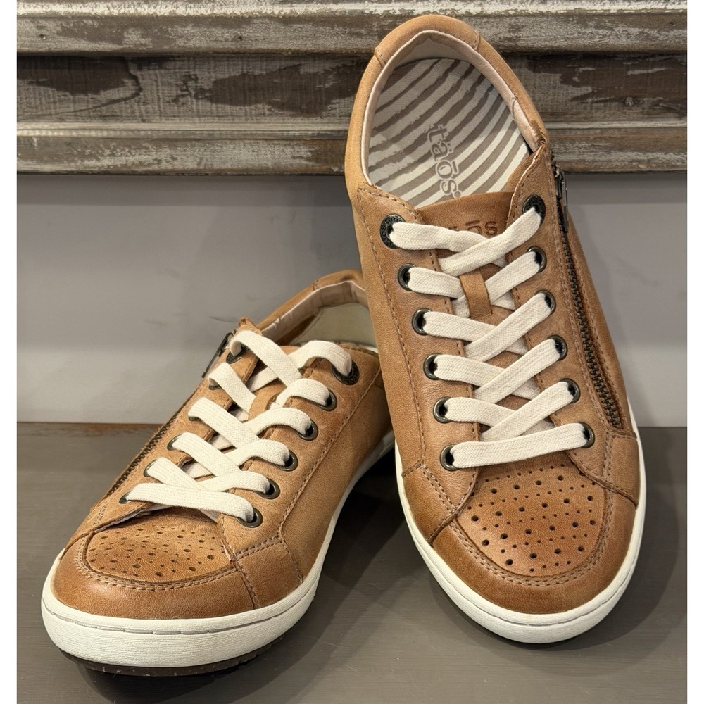 Taos Zipster Women's Sneakers Caramel Leather Side Zip Lace Up 6.5 Comfort Shoes
